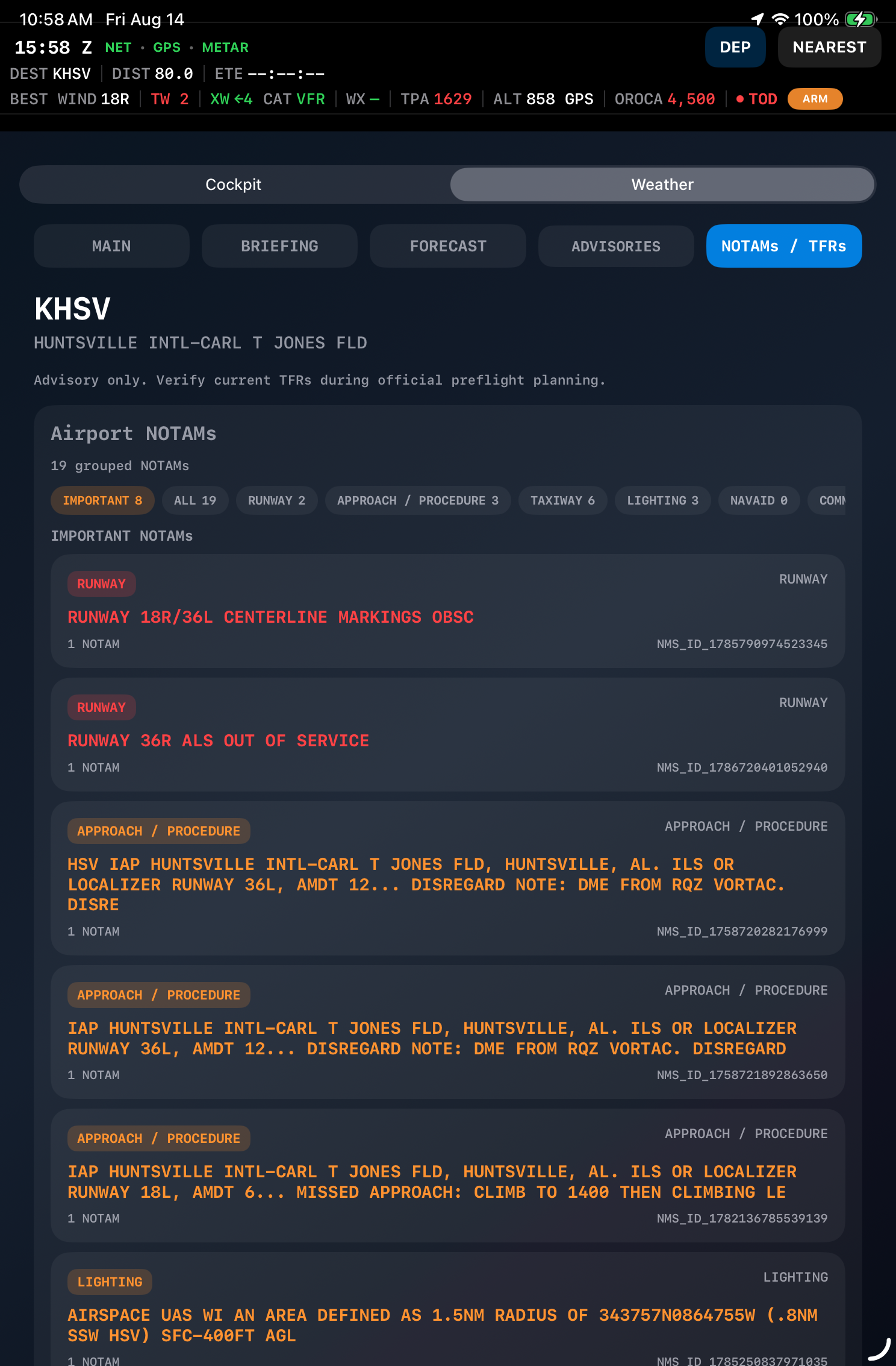 NOTAM details on iPad