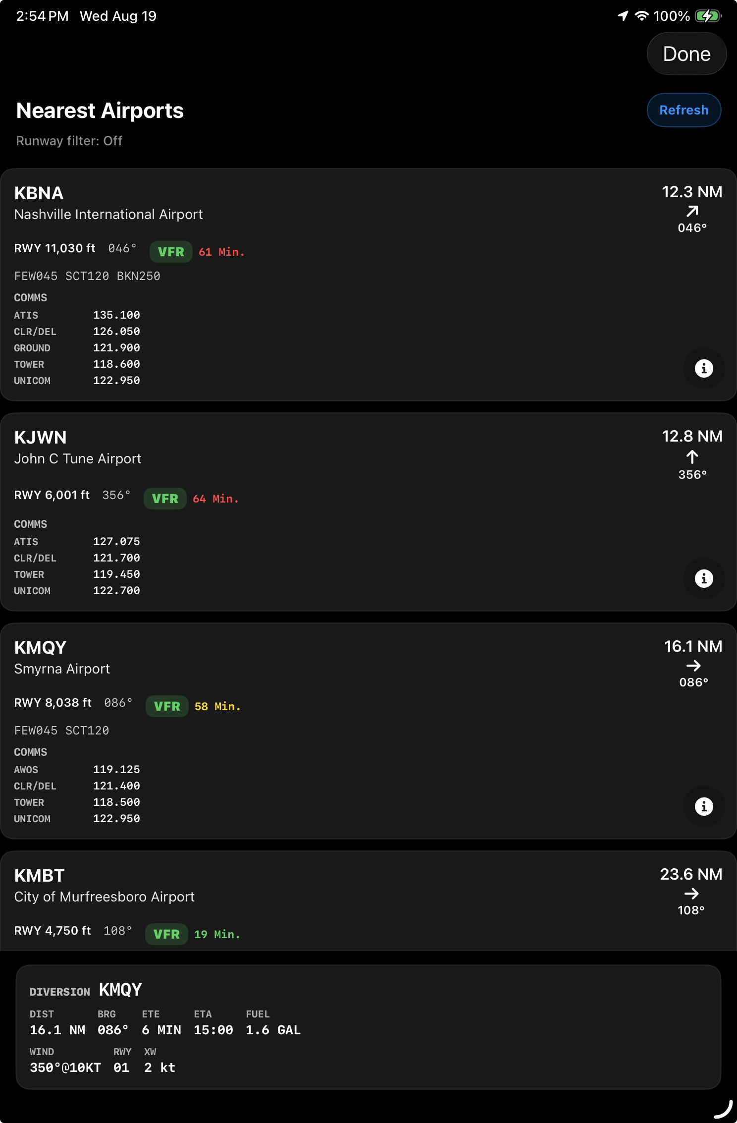 Nearest airports in Flight Cue on iPad